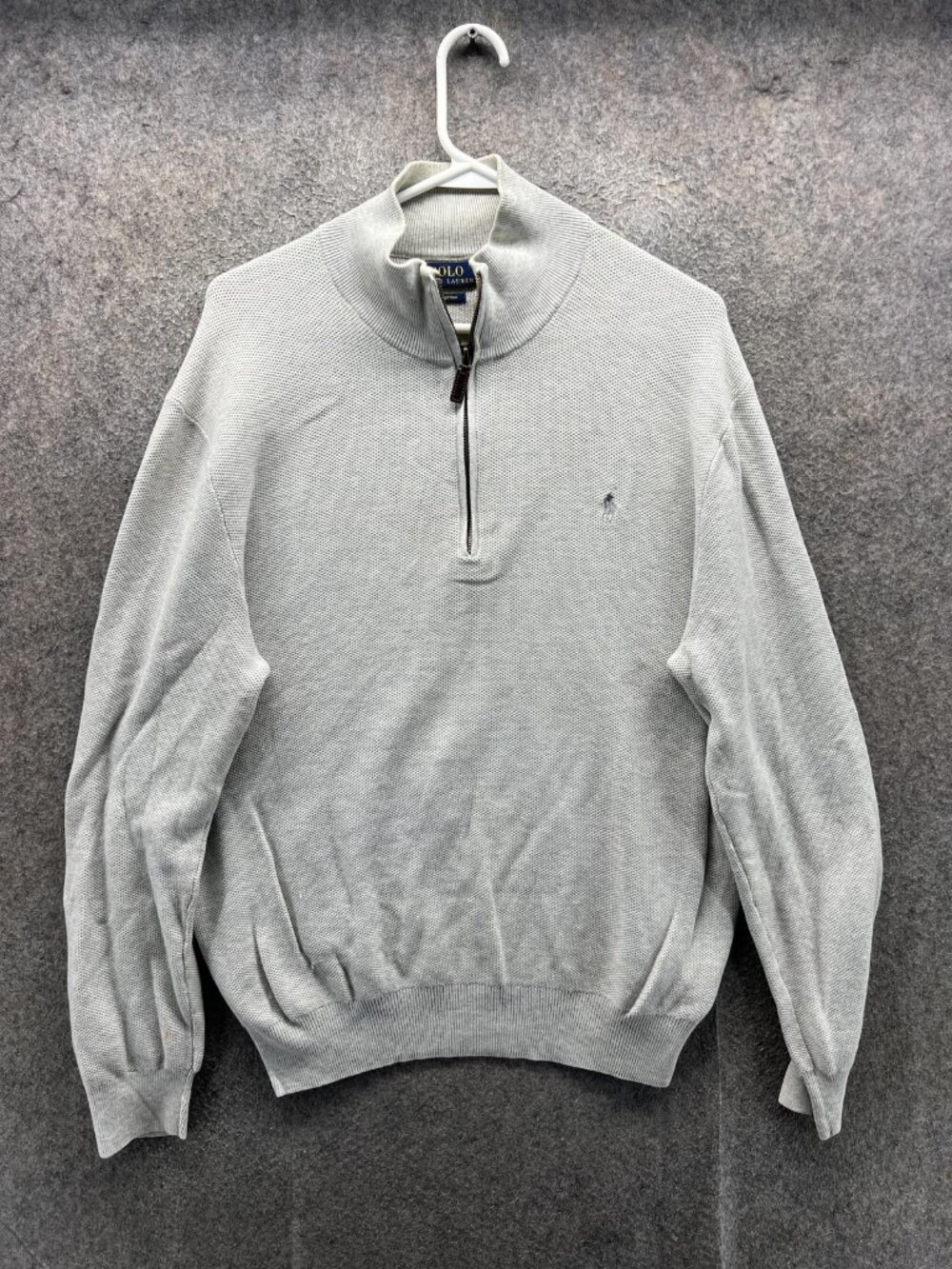 Polo Ralph Lauren Sweater Mens Large Gray 1/4 Zip Mock Neck Cotton Waffle Knit